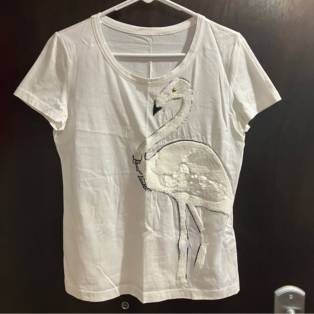 Louis Vuitton Sequined Flamingo T-shirt Silk Cotton Blend White Short Sleeve